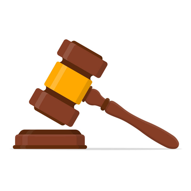 Ξύλινο σφυρί δικαστή τελετουργικό του προέδρου με σγουρά λαβή, για την εκδίκαση των ποινών και νομοσχεδίων, δικαστήριο, δικαιοσύνη, με ξύλινη βάση.Δικαστής Wood Hammer δημοπρασία, απόφαση. εικονογράφηση διανύσματος. - Διάνυσμα, εικόνα