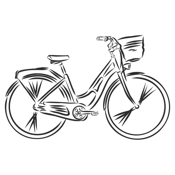 Şehir bisikletinin mürekkeple çizilmiş el çizimi tasviri. Adımlı çerçeve, pannier askısı ve ön hasır sepeti olan bisiklet. - Vektör, Görsel