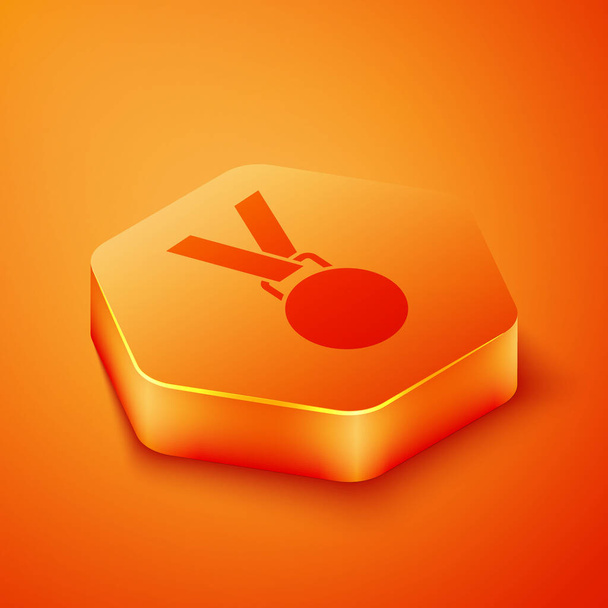 Icono de medalla isométrica aislado sobre fondo naranja. Símbolo ganador. Botón hexágono naranja. Ilustración vectorial
 - Vector, imagen