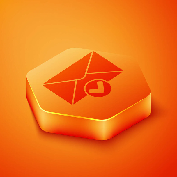 Isometrischer Umschlag und Häkchen-Symbol auf orangefarbenem Hintergrund. Erfolgreicher E-Mail-Versand, E-Mail-Lieferbestätigung. Orangefarbener Sechskantknopf. Vektorillustration - Vektor, Bild