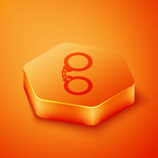 オレンジ色の背景にアイコンをアイソメトリックハンドカフス。オレンジ六角形のボタン。ベクターイラスト - ベクター画像