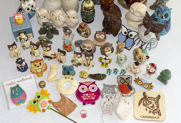 Owl collection. Different materials, shapes, colors and sizes. Souvenirs from the world. - Photo, Image