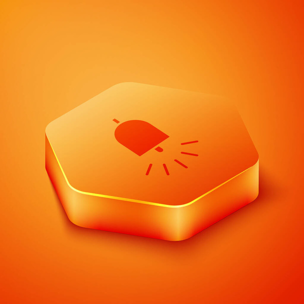 Isometryczna ikona dzwonka alarmowego izolowana na pomarańczowym tle. Alarm pożarowy. Dzwonek służbowy, znak dzwonka, symbol powiadomienia. Pomarańczowy sześciokąt. Ilustracja wektora - Wektor, obraz