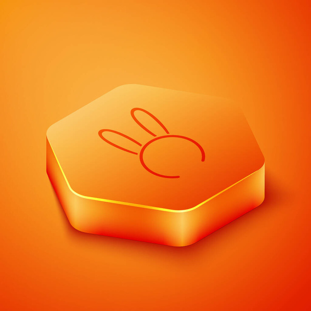 Izometrická maska s ikonou dlouhých králičích uší izolovaná na oranžovém pozadí. Fetišistický doplněk. Sexuální hračka pro dospělé. Oranžové šestiúhelníkové tlačítko. Vektorová ilustrace - Vektor, obrázek