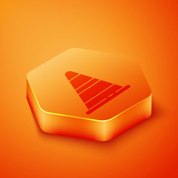 Isometrisches Verkehrskegel-Symbol auf orangefarbenem Hintergrund. Orangefarbener Sechskantknopf. Vektorillustration - Vektor, Bild