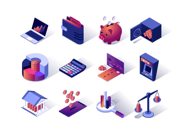 Financial management isometric icons set. Credit card, ATM terminal, wallet, piggy bank, calculator and bank safe. Money saving, banking and investment, calculation and accounting 3d vector isometry. - Vector, Image