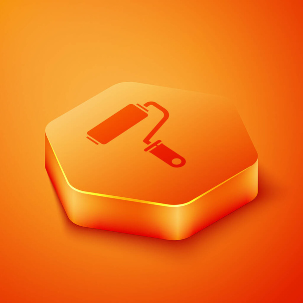 Izometrikus festék görgő ecset ikon elszigetelt narancssárga alapon. Narancssárga hatszög gomb. Vektorillusztráció - Vektor, kép