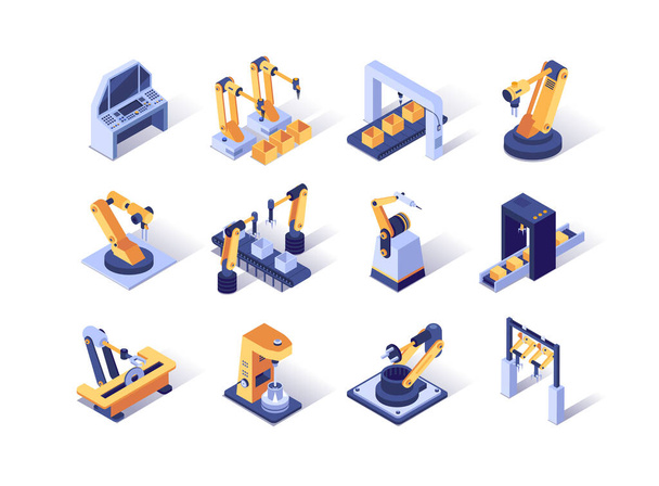 Robotization industry isometric icons set. Automatic equipment, production line manufacturer factory. Robotic arms for conveyor line 3d vector isometry. Programming welding and manipulating robots - Vector, Image
