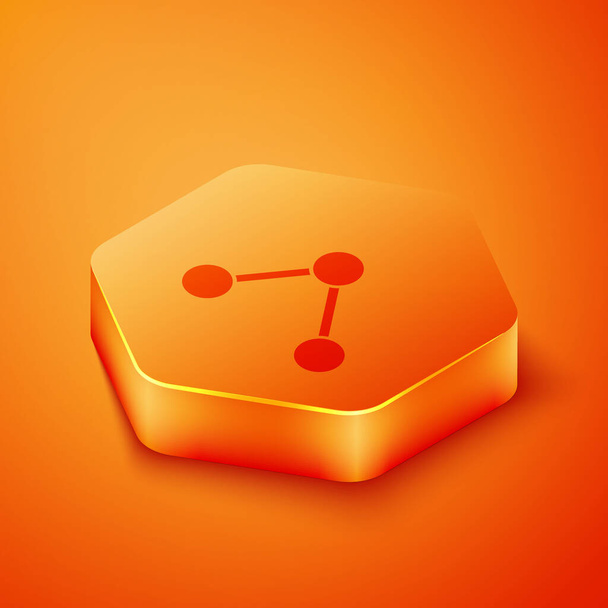 Isometrisches Share-Symbol isoliert auf orangefarbenem Hintergrund. Teilen, Teilen, Kommunikationspiktogramm, soziale Medien, Verbindung, Netzwerk. Orangefarbener Sechskantknopf. Vektorillustration - Vektor, Bild