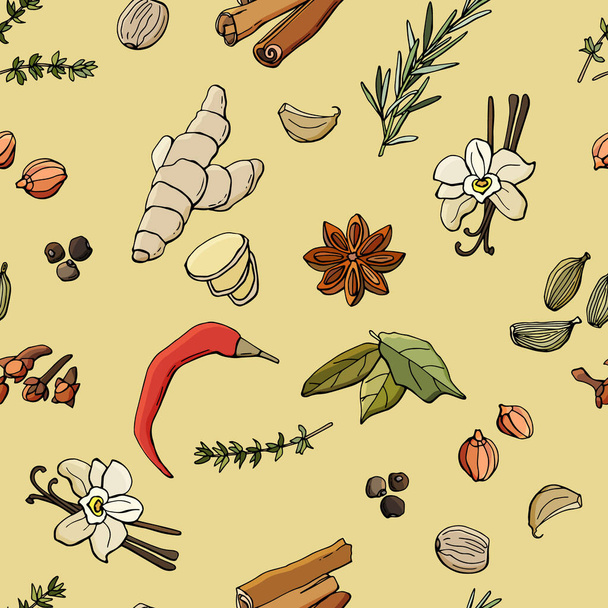 Seamless pattern with spices. Fragrant, spicy spices. Cartoon style illustration. Stock illustration. Design for wallpaper, background, fabric, textile, cafe, restaurant,  packaging. - Vector, Image