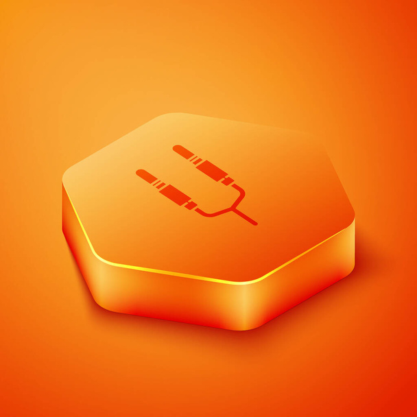 Icono de Audio jack isométrico aislado sobre fondo naranja. Cable de audio para conexión de equipos de sonido. Alambre enchufable. Instrumento musical. Botón hexágono naranja. Ilustración vectorial
 - Vector, imagen