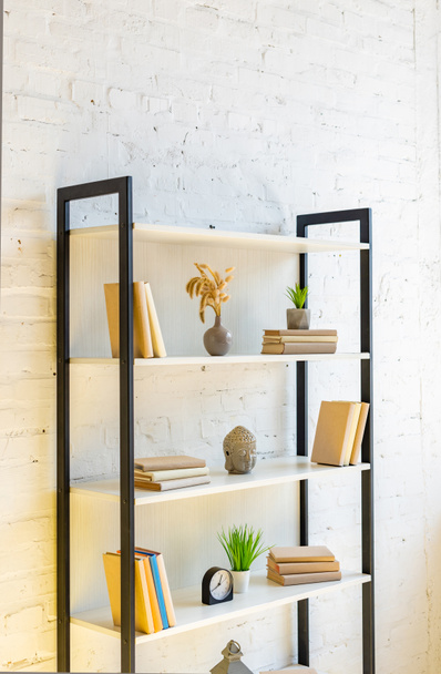 shelves with books, clock, house plants and buddha head - Photo, Image