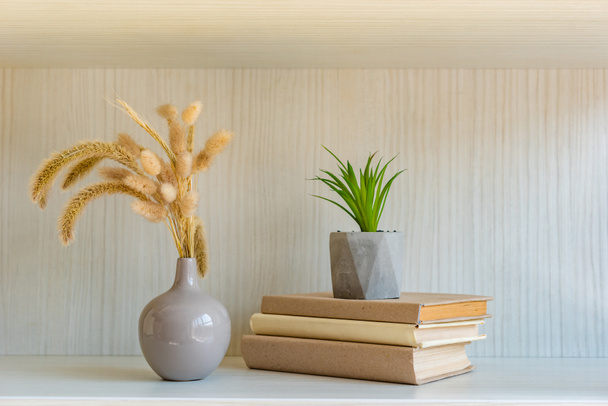 books, house plant, and spikelets in vase on shelves - Fotó, kép