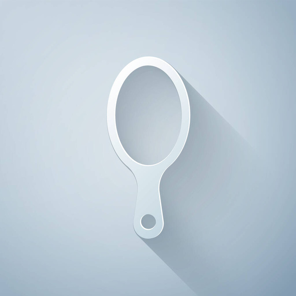Paper cut Hand mirror icon isolated on grey background. Paper art style. Vector Illustration - Vektör, Görsel