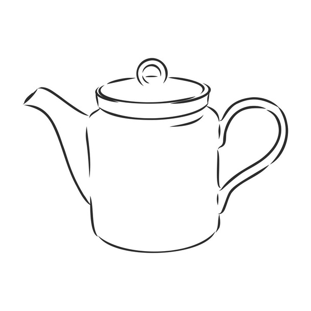 Handgezeichnete Skizze Vektor Teekanne. Handgezeichnete Wasserkocher. Teekannen auf isoliertem Hintergrund. Vintage-Tee Hintergrund. Menügestaltung - Vektor, Bild