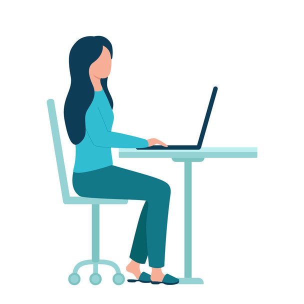 Mujer joven trabaja en computadoras portátiles en casa. Chica freelancer es autónoma. Trabajo en casa, coworking. Ilustración de estilo plano vectorial
. - Vector, imagen