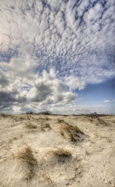 Dunas e céu azul com nuvens na costa do Mar do Norte na Holanda
 - Foto, Imagem