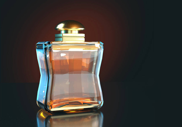 3d illustration perfume bottle stay on glass table with copy space on black background - Fotoğraf, Görsel