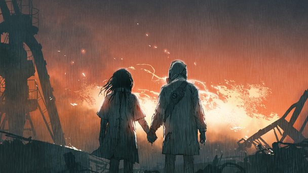 On traversera ça ensemble, amoureux tenant la main regardant des flammes de feu dans la nuit pluvieuse, style art numérique, peinture d'illustration
 - Photo, image