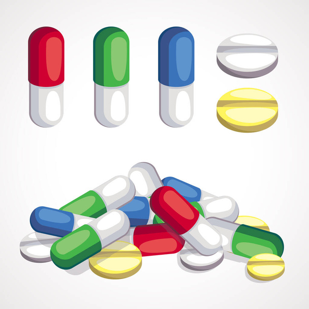 Cartoon set van capsules en pillen. Een stapel pillen. Vectorillustratie - Vector, afbeelding