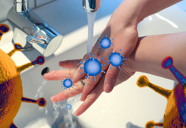 Очищення та миття рук з милом для запобігання спалаху коронавірусної ковірусної хвороби-19
 - Фото, зображення