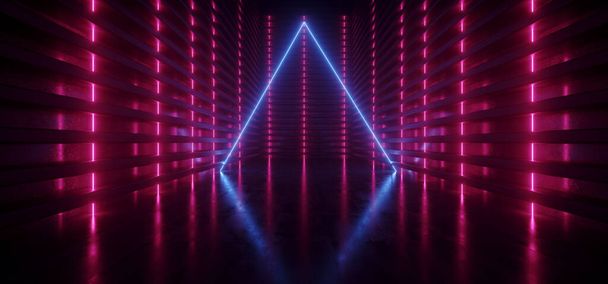 Неоновий сяючий рефлекторний трикутник Порожній T unnel коридор Синхронний фон Фіолетовий червоний синій електричний лазерний промінь Інопланетний космічний корабель Кібер 3D Відтворення ілюстрація
 - Фото, зображення