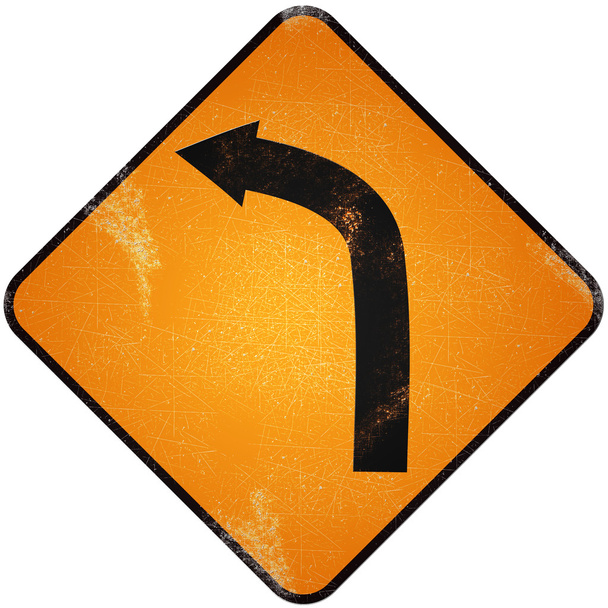 Поверните налево. Поврежденный желтый металлический дорожный знак с поворотом
 - Фото, изображение