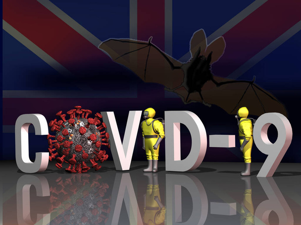 3D απόδοση. 3D επιγραφή covid-19 με coronavirus και προστατευτικές στολές στο φόντο της σημαίας της Βρετανίας. - Φωτογραφία, εικόνα