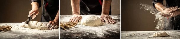 Beautiful and strong men's hands knead the dough from which they will then make bread, pasta or pizza. A cloud of flour flies around like dust. Food concept. diverse set. background image. - Photo, Image