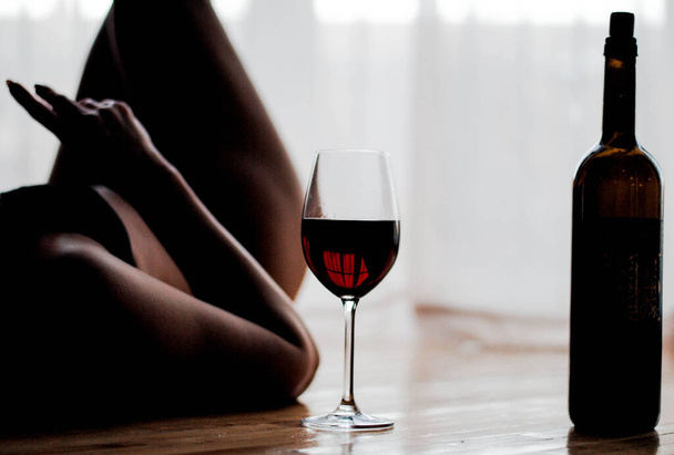 Mood, body, woman, sensuality, wine, nude - Фото, изображение