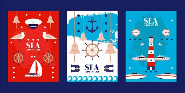 Морський пригодницький плакат, пік шапки, чайка, маяк, бінокль, човен, яхта, вітрильник, дзвоник, плоска векторна ілюстрація
. - Вектор, зображення