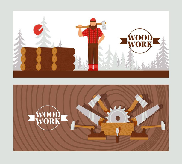 Banner para trabalhar madeira, lenhador de caracteres com machado, serra, martelo, instrumento, ferramenta, ilustração vetorial plana para processamento de florestas
. - Vetor, Imagem