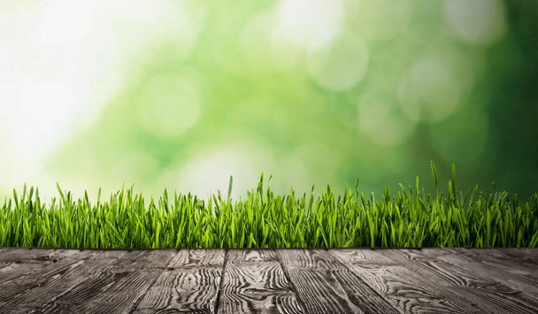 Hölzerne Oberfläche und grünes Gras vor verschwommenem Hintergrund. Frühlingszeit - Foto, Bild