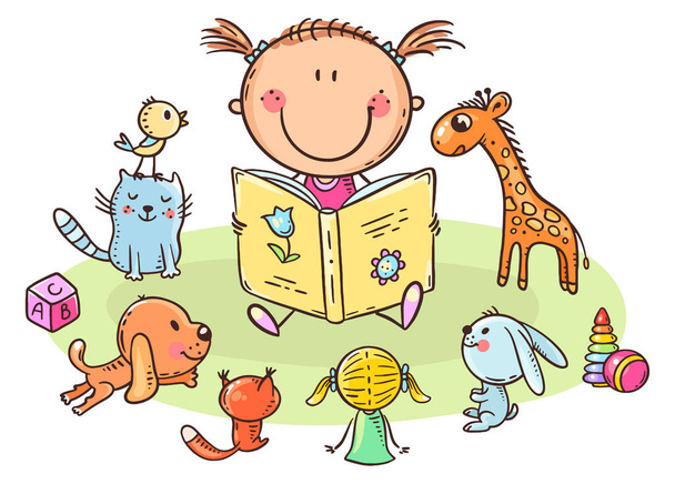 Little girl reading to toys or playing school, cartoon illustration - Vector, Image