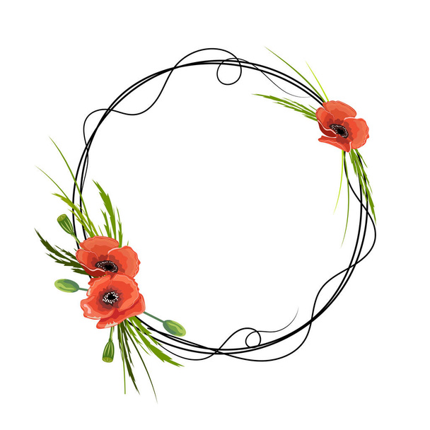 Round frame with red poppies isolated on white background. - Вектор, зображення