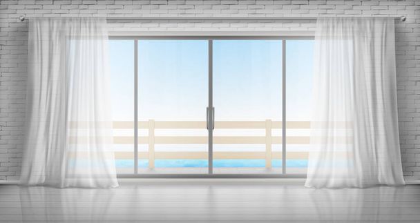 Üres szoba üvegajtóval az erkélyre és függönyökkel - Vektor, kép