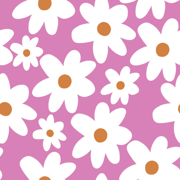 Lindo patrón de flores silvestres repetidas Margarita con fondo rosa claro. Patrón floral sin costuras. White Daisy. Textura repetitiva con estilo. Textura repetida.  - Vector, imagen