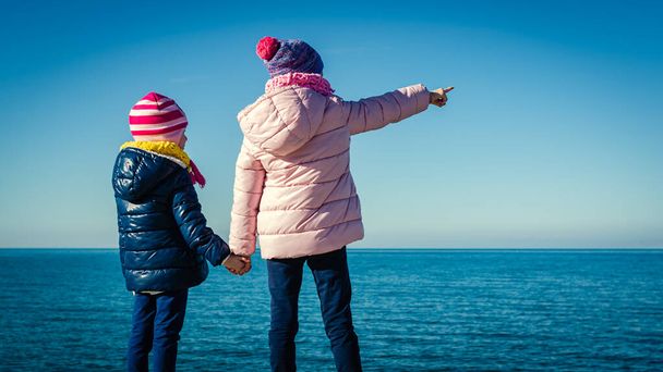 Close shot image of two kids standing on sea shore, holding hands. Bigger one is pointing at horizon. - Foto, immagini