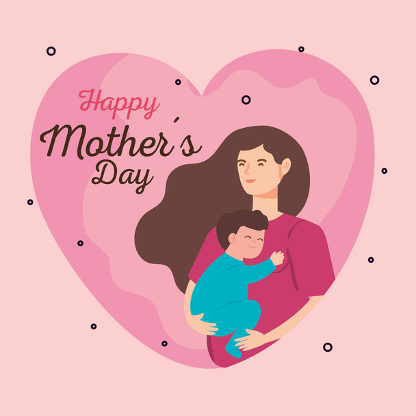 happy mother day card with woman pregnant carrying baby boy - Vector, Imagen