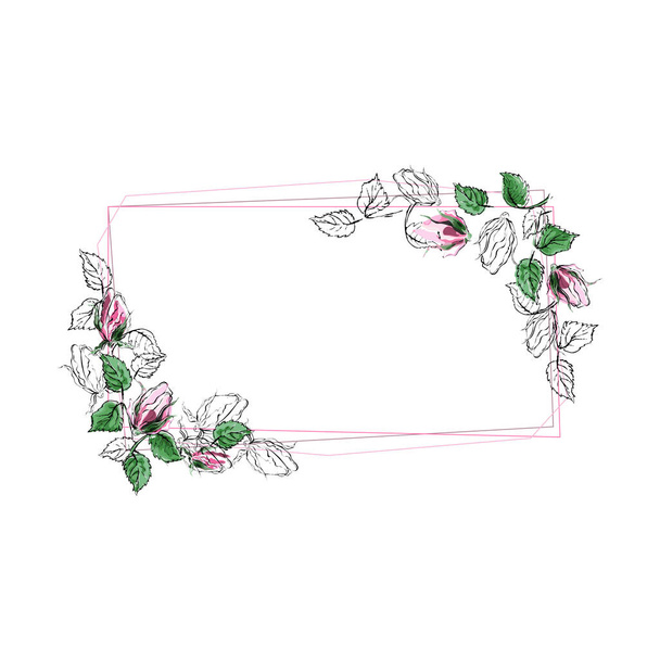 Floral rectangular elegant frame. Vector illustration with hand-drawn roses on a white background. Use for decoration greeting cards, invitations, etc. - Vettoriali, immagini