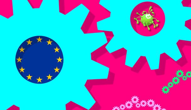 Мировая коронавирусная пандемия. Командная работа. 3-я фотография с флагом внутри георгиевской ленточки ЕС и изображением ковида-19, рисунок вируса
.  - Фото, изображение