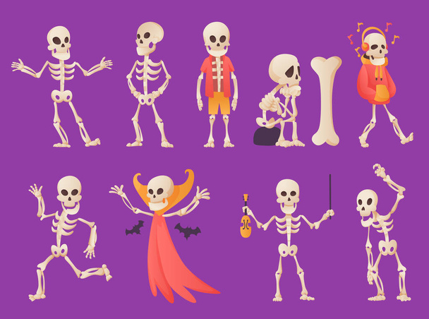 Esqueleto engraçado de desenhos animados. Caráter ósseo vetorial. Ossos humanos ilustração esqueleto. Conjunto de pessoas mortas dançando, de pé, ouvir música sobre fundo de cor
 - Vetor, Imagem
