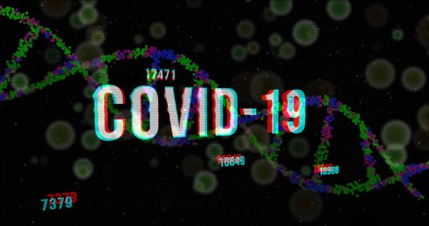 Covid-19 global pandemic with increase numbers. Epidemic alert with cells and dna helix in background and glitch noise effect. 3d rendering illustration. - Photo, Image