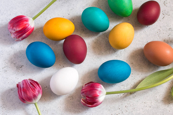 Цветные пасхальные яйца и тюльпаны на сером бетонном столе. Вид сверху. Пасхальное украшение
. - Фото, изображение