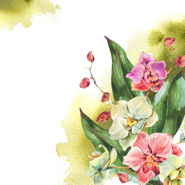 Tarjeta de felicitación natural de orquídea acuarela vintage, flores exóticas aisladas sobre fondo blanco. Colección de diseño botánico pintado a mano
. - Foto, Imagen