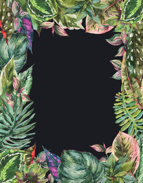 Watercolor botanical tropical green leaves vertical frame, exotic natural flora isolated on black background. Hand painted greenery design collection. - Φωτογραφία, εικόνα