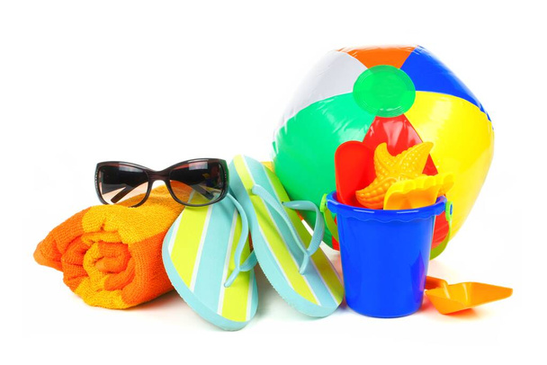 Group of colorful summer beach items isolated on a white background - Photo, Image