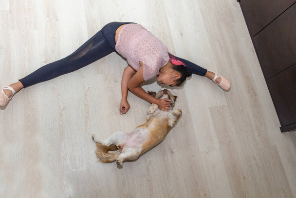 Luchtfoto van tiener verwennen haar huisdier in haar woonkamer tijdens het oefenen van ballet, dans, yoga, gymnastiek - Foto, afbeelding