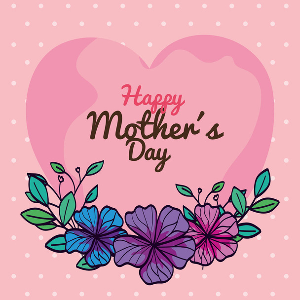 Mutlu anneler günü kartı, kalp ve çiçek süslemesi. - Vektör, Görsel