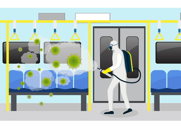 Muž v ochranném obleku čistí a dezinfikuje koronavirus ve vlaku. Dezinfekce Wuhan 2019-nCoV - Vektor, obrázek